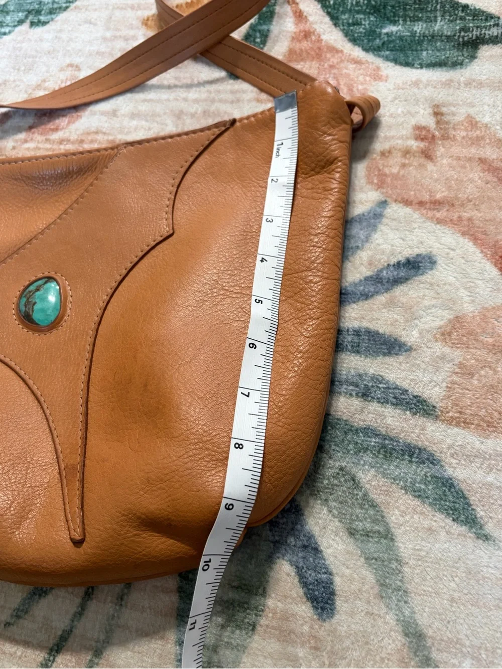 Handmade Tan Leather Big Pocket Bag with Turquoise Touchstone
